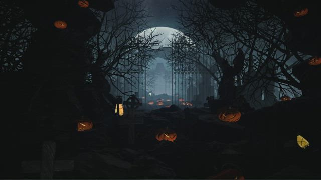Entrance to a cemetery with ornamental pumpkins.