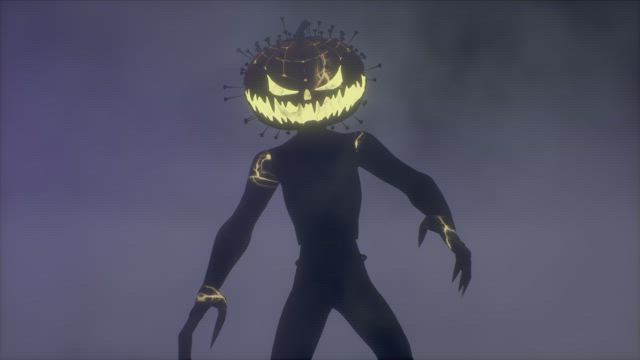 Scary Jack O'Lantern monster stalking through smoke.