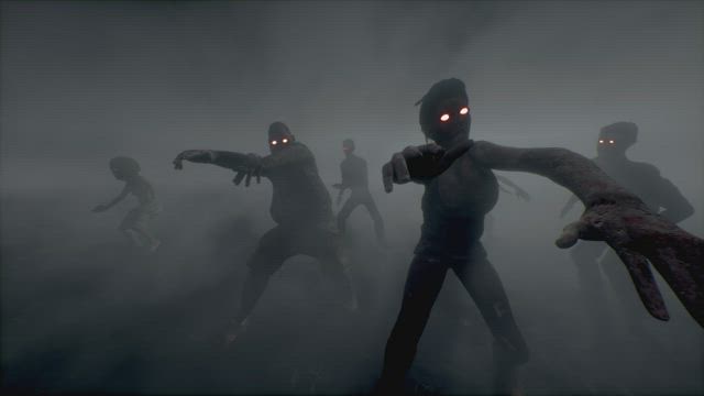 Group of scary zombies with glowing eyes stumbling forwards.