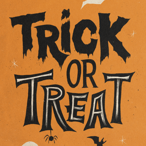 Vintage Trick or Treat Halloween poster with ghosts, bats, and spiders